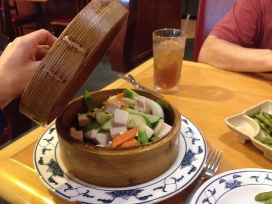 Steamed vegetables with tofu, no oil salt or sugar.