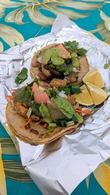 Carnitas taco (back) and vegan taco (front). Both really tasty!