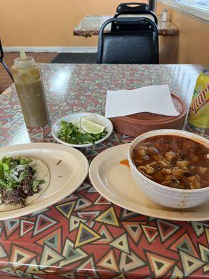 Barbacoa taco, Small bowl of Menudo (comes with 5 tortillas and garnishes), Can of Squirt soda