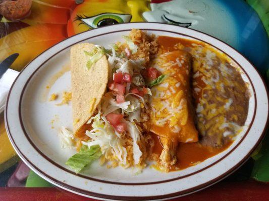 Chicken taco, chicken enchilada, beans and rice