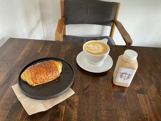 Chocolate Croissant, oatmilk latte, vanilla oatmilk vanilla latte