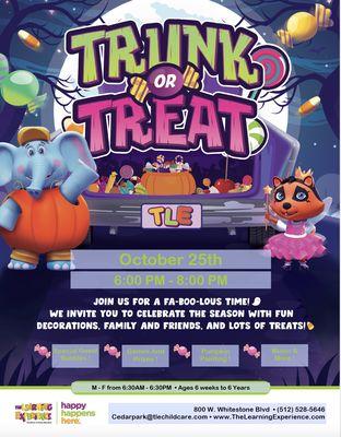 Join us for our much awaited Trunk or Treat Boo..fest on Oct 25th, 6PM-8PM