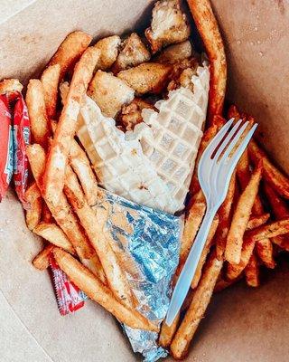 $10 chicken and waffles, fries and a drink from COCO CONES