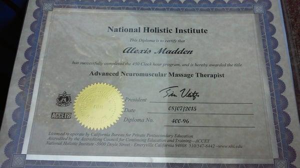 My certificate for completing the Advanced Neuromuscular Massage Training Program! August 2015