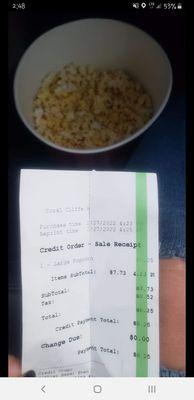 Coral Cliff's Cinema 8 Large Popcorn and Receipt 2/27/22