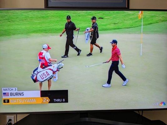 8th green. Hideki Matsuyama and Sam Burns at the 2022 Presidents Cup as broadcast by NBC on September 25, 2022.