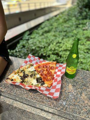 Pepperoni slice, Garlic slice and a Topo Chico Seltzer for $13