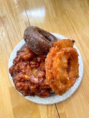 Apple fritter, chocolate, old fashioned donut