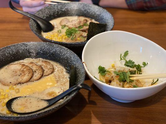 Cheese ramen, dumplings with chili oil, and tonkatsu