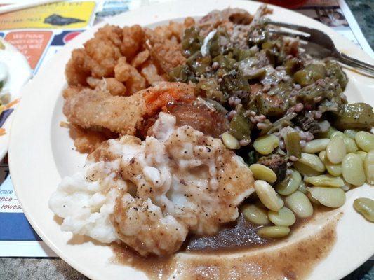 Fried chicken and vegetables.