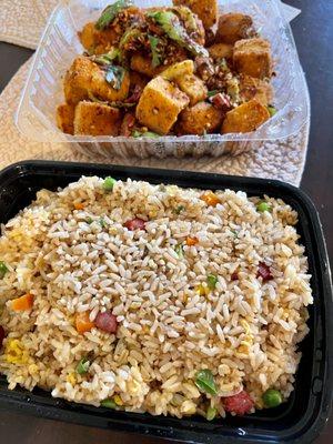 BBQ Pork fried rice and crispy spicy tofu