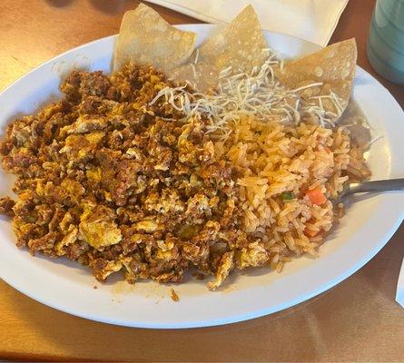 Eggs with chorizo rice and beans