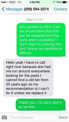 Text with the AC contractor Diane hired and made run around for used parts that don't exist