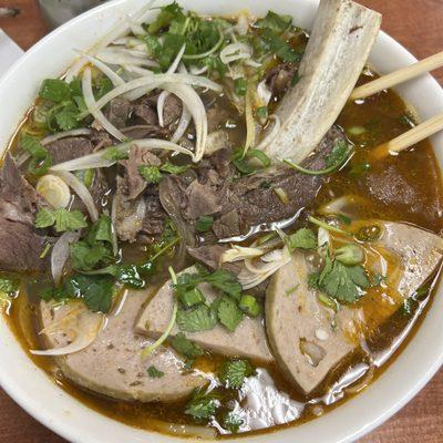 Bun Bo Hue. Con: the flavor is lacking a lot and it is not spicy at all. Pro: it has sooooo much delicious meat. The noodles are great.