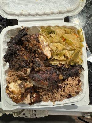 Jerk Chicken with Rice and Peas and Cabbage