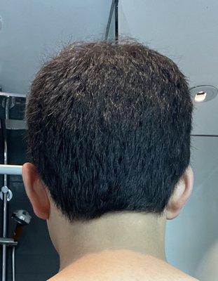 the back of the hairline is uneven. the left is longer. also lots of uneven hair randomly stick out.  no amount of product will fix this.