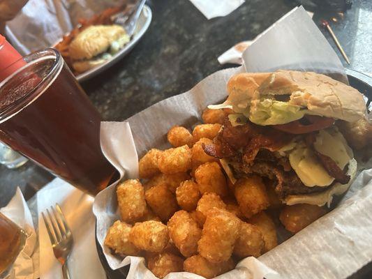 Another picture of my cheeseburger with tater tots and my cold beer! It was great!