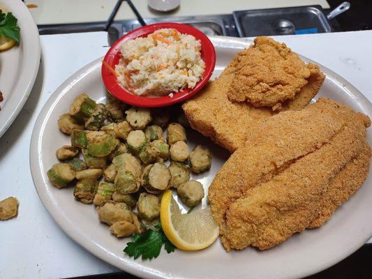 River Cobbler (pangasius) with fried okra and coleslaw