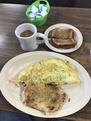 Ham, Sausage & 
 American Cheese 
 Omelet & Hash Browns