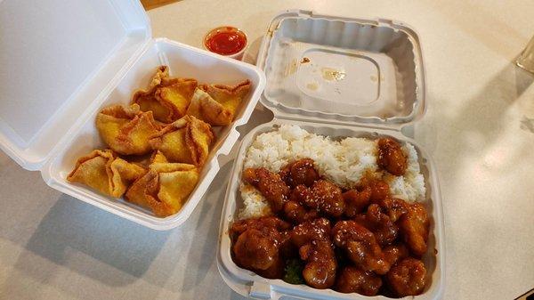 Sesame chicken and crab rangoon