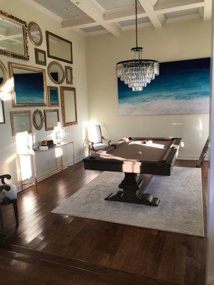 Plank and Hide 8 foot Beaumont pool table with Camel felt. Turned a formal living room into a fun and usable space.