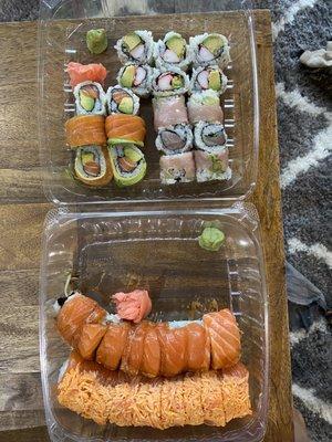 Salmon avocado roll, yellowtail roll, California roll, firecracker roll, 3 amigos roll