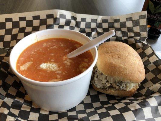 Homemade red pepper soup and chicken slider