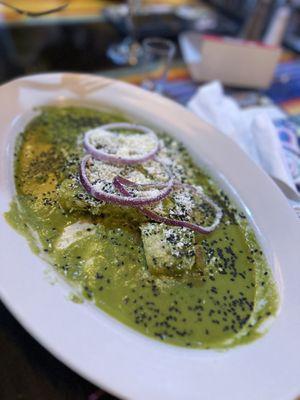 Shrimp and Crab enchiladas with a delicious poblano sauce