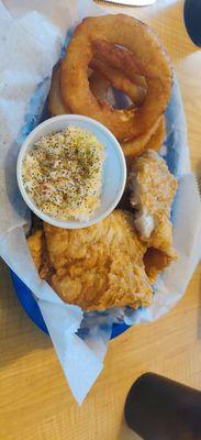 3 pc hand breaded cod fillets, onions rings and coleslaw