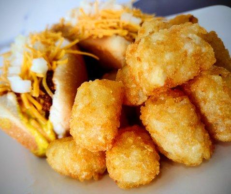 2 Coney combo with cheese and tater tots.