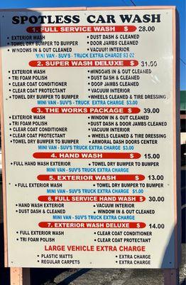 Current price packages for spotless car wash in Bellum