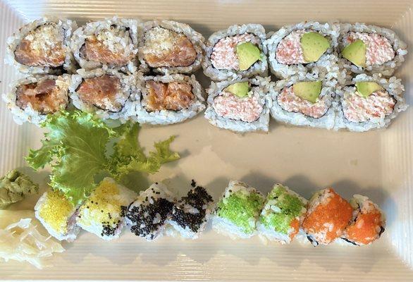 Various rolls - spicy tuna, California, and King Crab