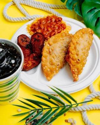 Empanadas with Yellow Rice, Red Beans, Sweet Plantains