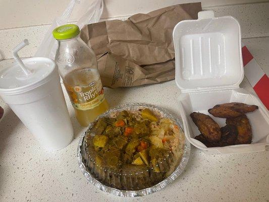 Curry goat, cabbage, rice and peas  with plantains