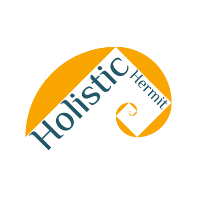 The Holistic Hermit logo, a golden spiral with Holistic Hermit written in bright nautilus blue.