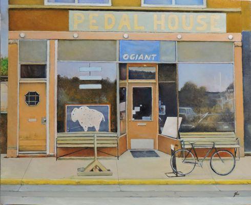 " Pedal House " Downtown Laramie local bike shop, on First Street. Original Oil by Laramie Artist, Jerry Glass. Framed.