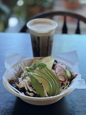 Chilaquiles Oaxaquenos and Specialty Iced Cafe De Olla