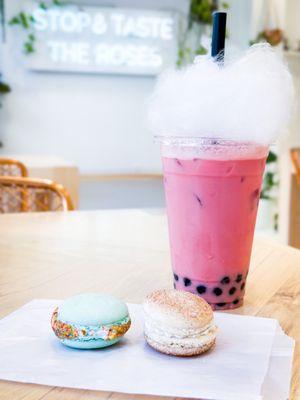 Fruity Pebble Macaron. Snickerdoodle Macaron. Prickly Pear Rose Boba.