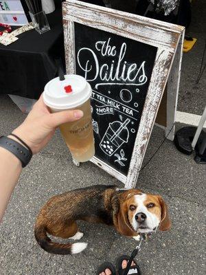 Asian pear green tea with crystal boba and my dog