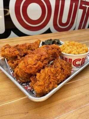 The "lil' Flock" is a huge box of perfectly fried chicken tenders, 2 southern sides of your choice + 2 homemade dipping sauces.