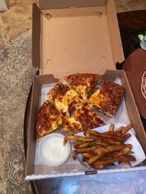 Small buffalo chicken calzone and spicy fry