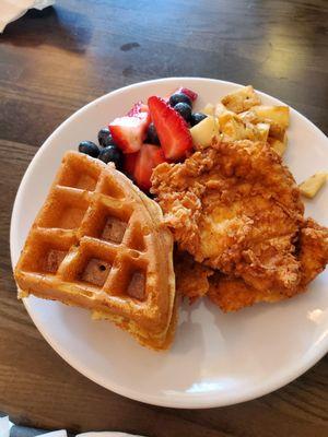 Fried chicken, waffles, strawberries, blueberries,  potatoes.   All excellent.