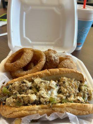 Chicken Philly and onion rings