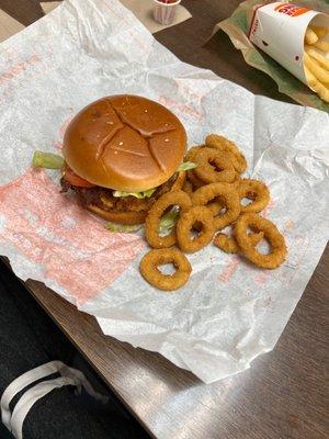 Spicy Chickn Crisp Sandwich and Onion Rings (medium)