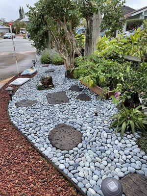 Pavers and tons of river rocks cover where there was once just dirt.