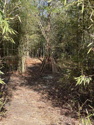 The bamboo teepee cutout on a bamboo path.