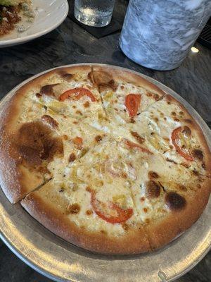 White pizza with tomatoes and marinated artichokes.  Very, very good!