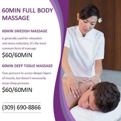 Only $60 For 60Min Body Massage - Call (309) 690-8866