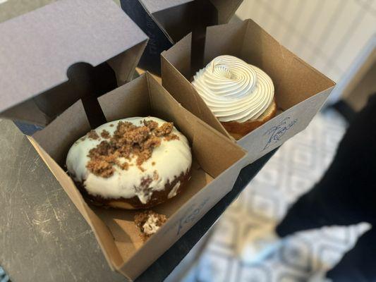 Carrot cake and white chocolate chai donuts