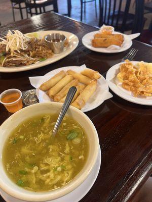 Egg drop soup  Cheese rolls  Chicken egg rolls  Beef pad Thai